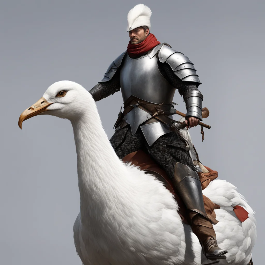 aiknight riding giant goose%2C lance armor%2C friendly masculing face%2C large white goose portrait cinematic realistic