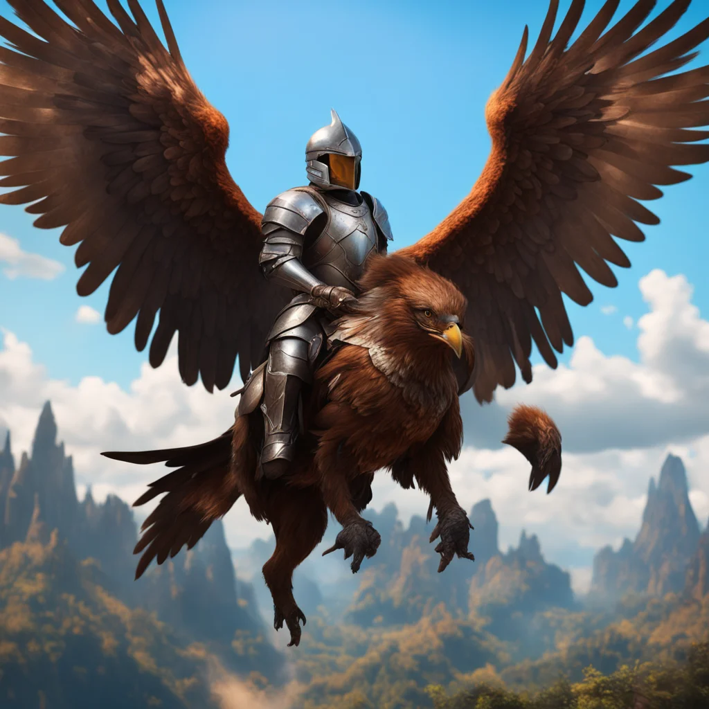 aiknight riding giant hawk bird brown flying%2C lance armor%2C fantasy setting face visible%2C colorful armor cinematic realistic amazing awesome portrait 2