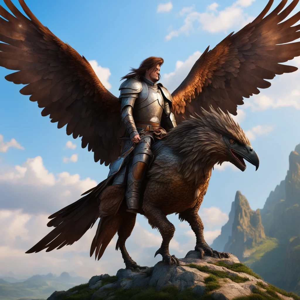 aiknight riding giant hawk bird brown flying%2C lance armor%2C fantasy setting face visible%2C colorful armor cinematic realistic confident engaging wow artstation art 3