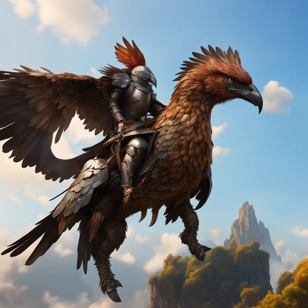 aiknight riding giant hawk bird brown flying%2C lance armor%2C fantasy setting face visible%2C colorful armor cinematic realistic good looking trending fantastic 1
