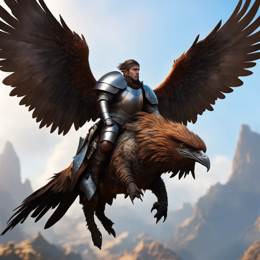 aiknight riding giant hawk bird brown flying%2C lance armor%2C fantasy setting face visible%2C colorful armor cinematic realistic