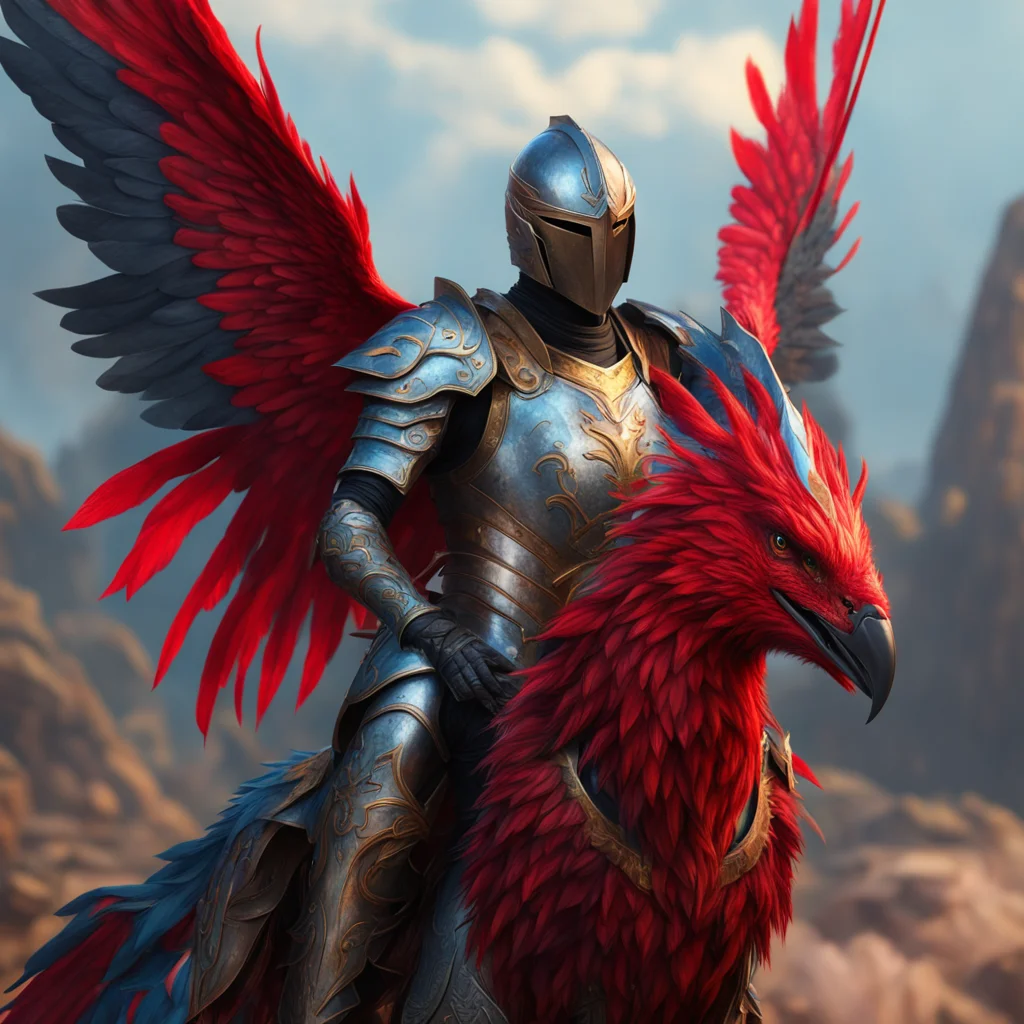aiknight riding phoenix red bird%2C lance armor%2C fantasy setting face visible%2C colorful detailed armor portrait cinematic realistic amazing awesome portrait 2