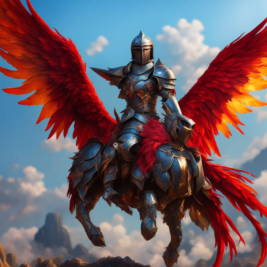 aiknight riding phoenix red bird%2C lance armor%2C fantasy setting face visible%2C colorful detailed armor portrait cinematic realistic confident engaging wow artstation art 3