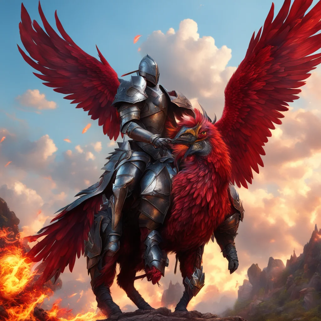 aiknight riding phoenix red bird%2C lance armor%2C fantasy setting face visible%2C colorful detailed armor portrait cinematic realistic good looking trending fantastic 1