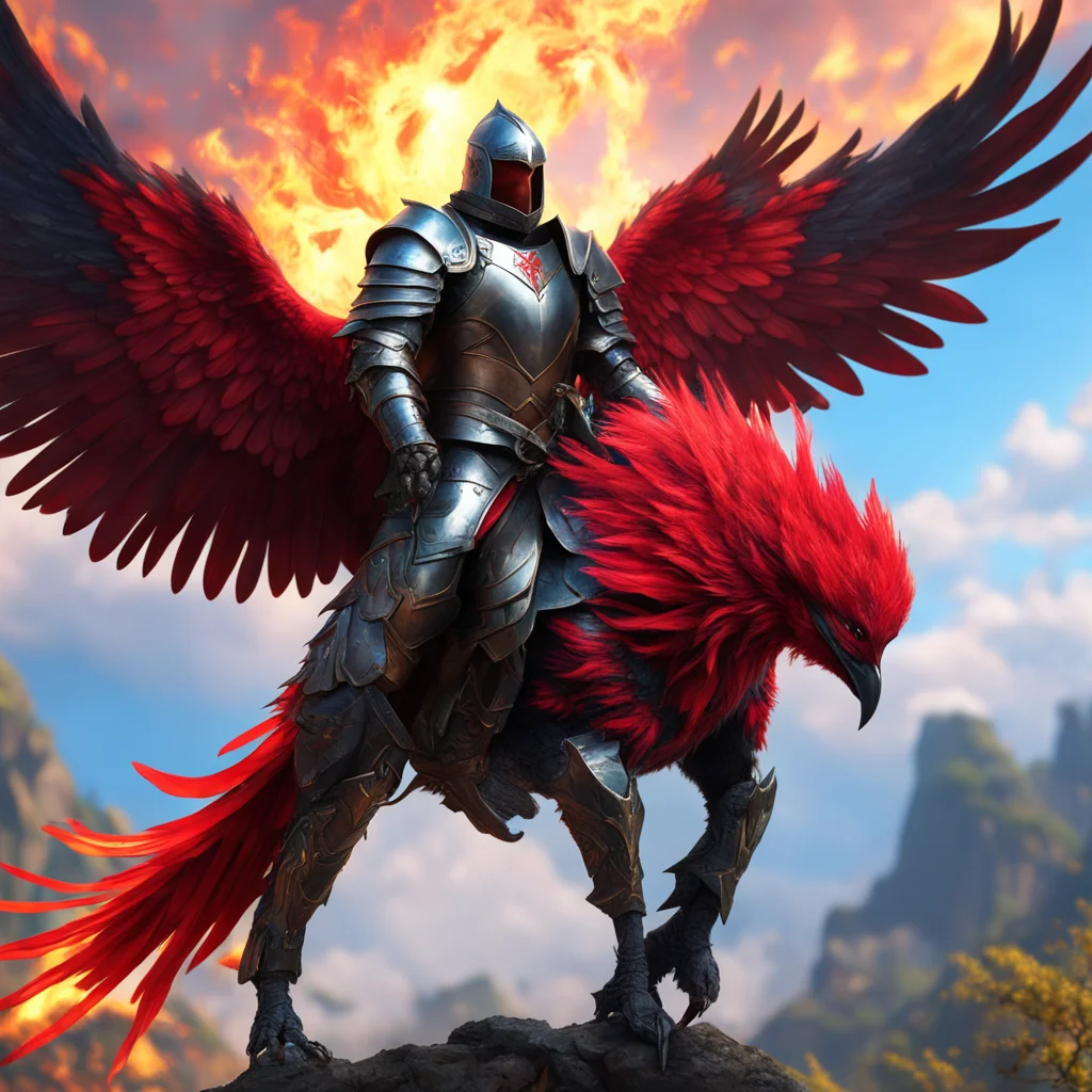 aiknight riding phoenix red bird%2C lance armor%2C fantasy setting face visible%2C colorful detailed armor portrait cinematic realistic