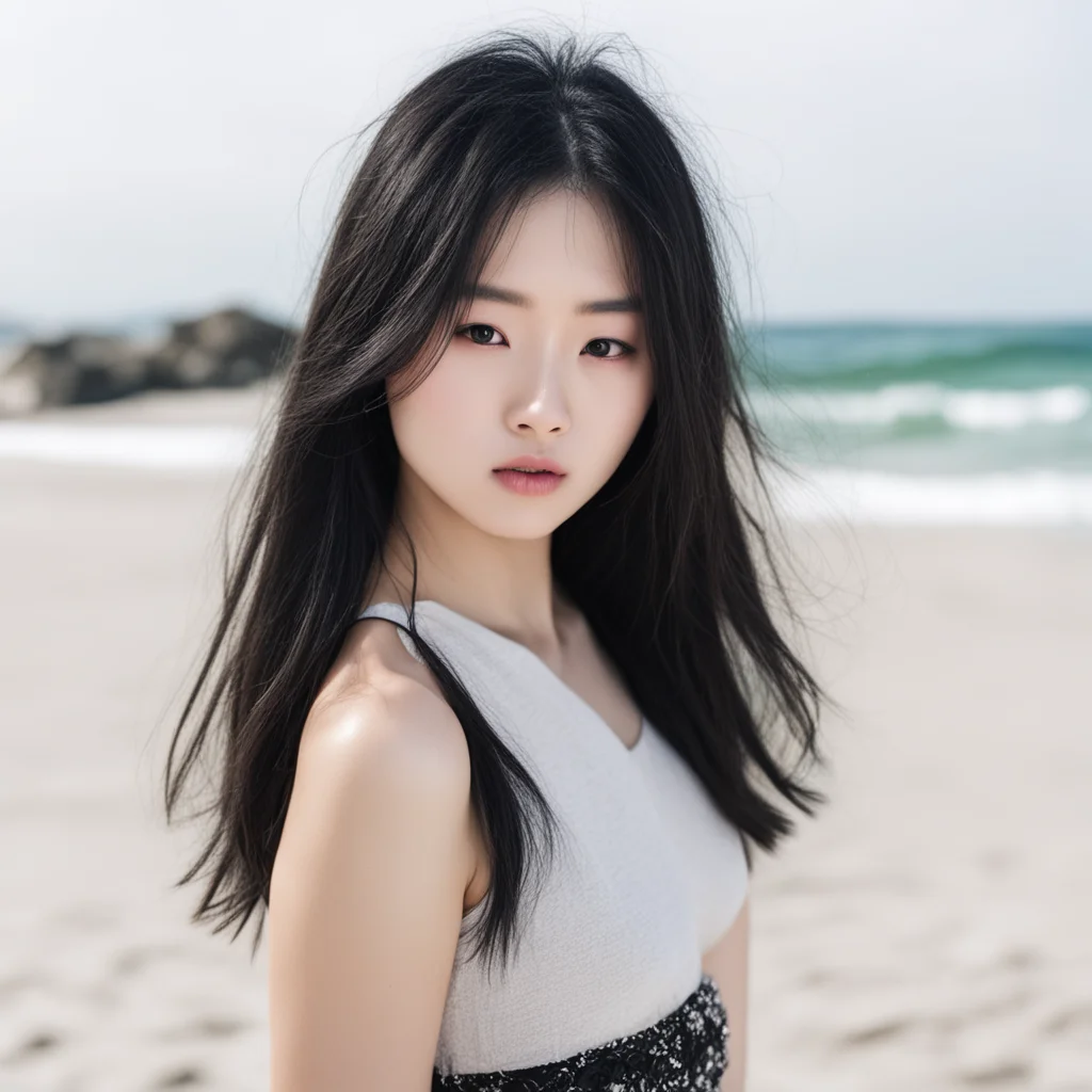aikorean model girl%2C black hair and black eyes%2C on a beautiful beach