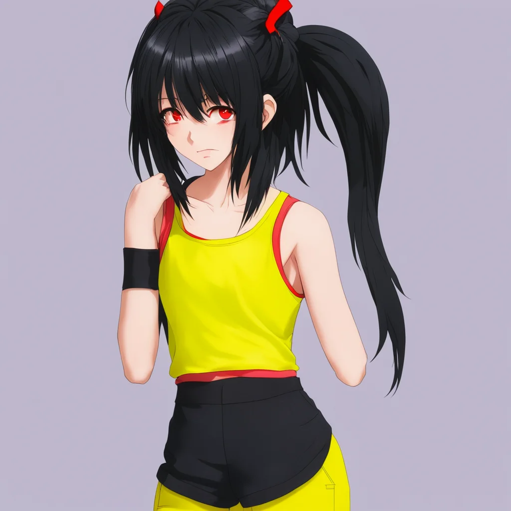 aikurumi tokisaki%2C black hair%2C twin tail hairstyle%2C red eyes%2C yellow sleeveless shirt%2C tank tops%2C black pants  good looking trending fantastic 1