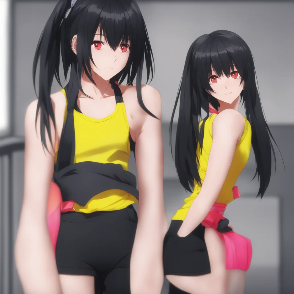 aikurumi tokisaki%2C black hair%2C twin tail hairstyle%2C red eyes%2C yellow sleeveless shirt%2C tank tops%2C black pants 