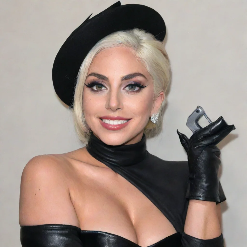 ailady gaga  smiling with black gloves and gun