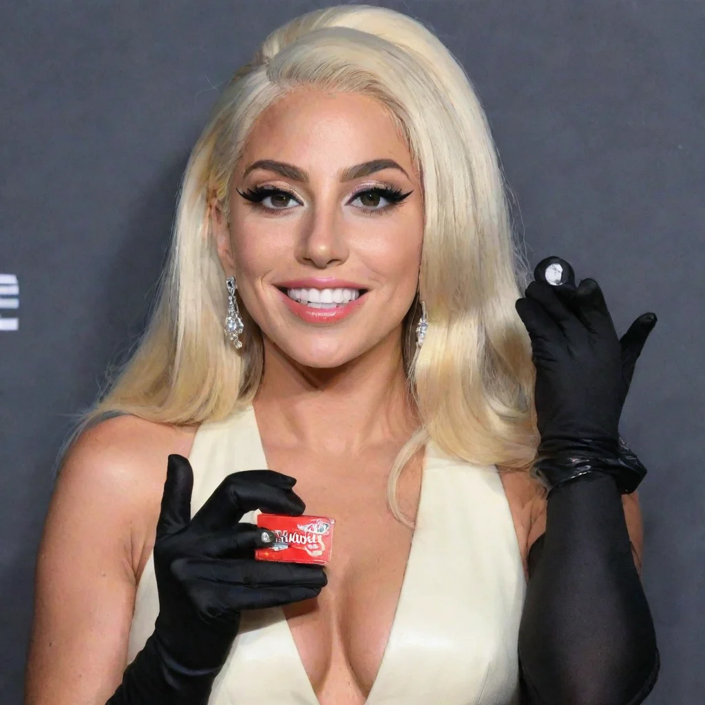 ailady gaga  smiling with black gloves holding a condom filled with mayonnaise