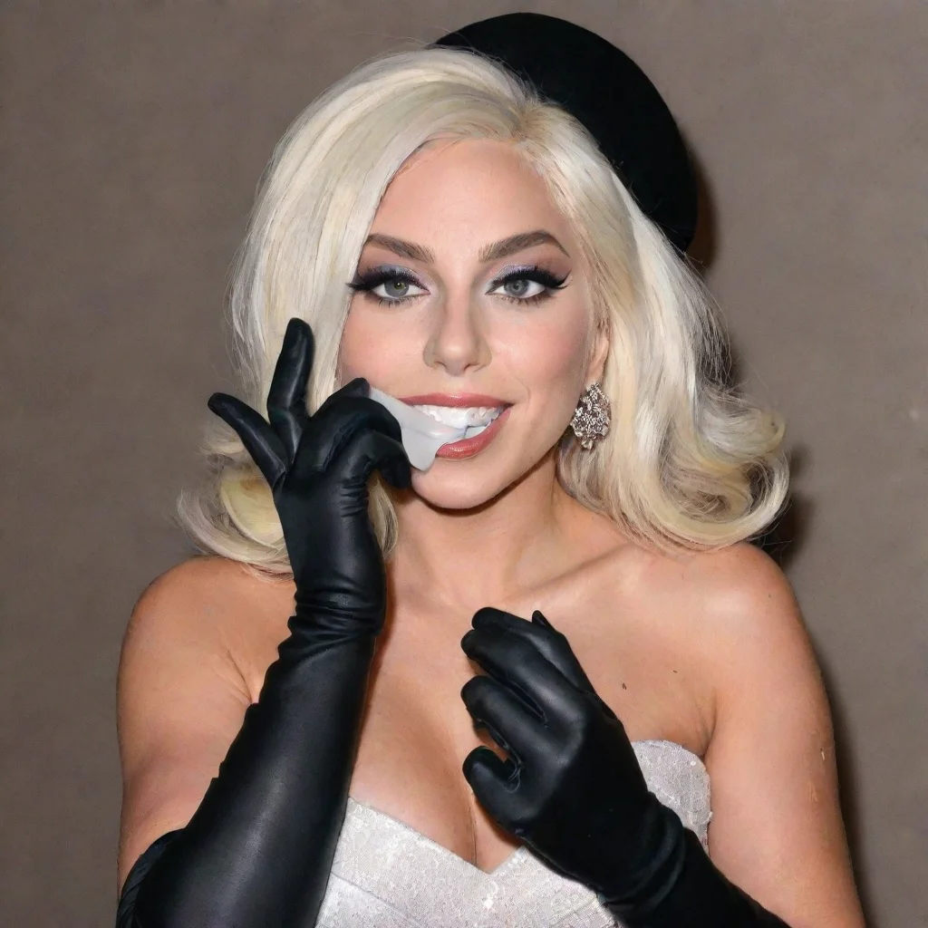 lady gaga  smiling with black gloves holding a condom