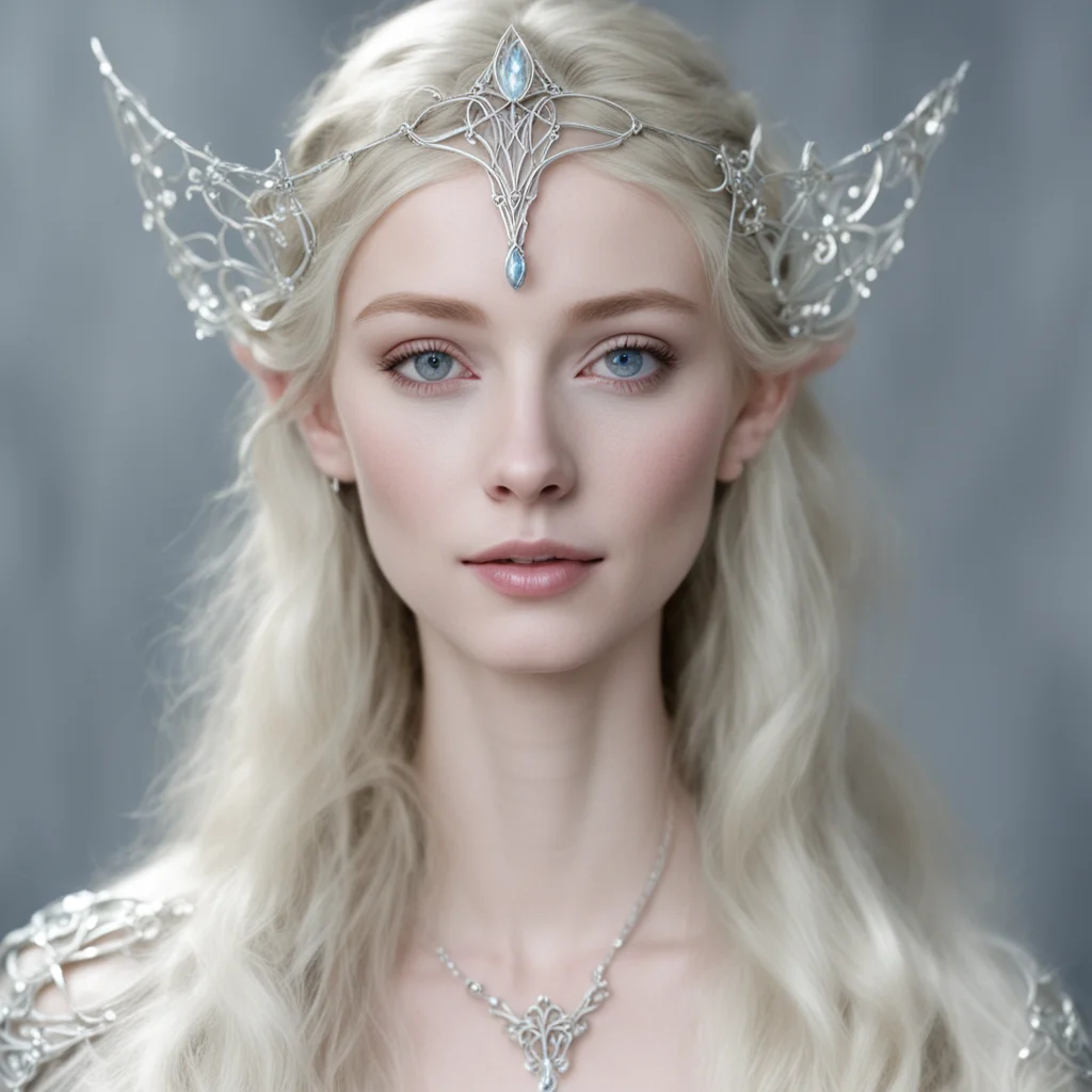 lady galadriel wearing small silver elvish circlet with white gem confident engaging wow artstation art 3