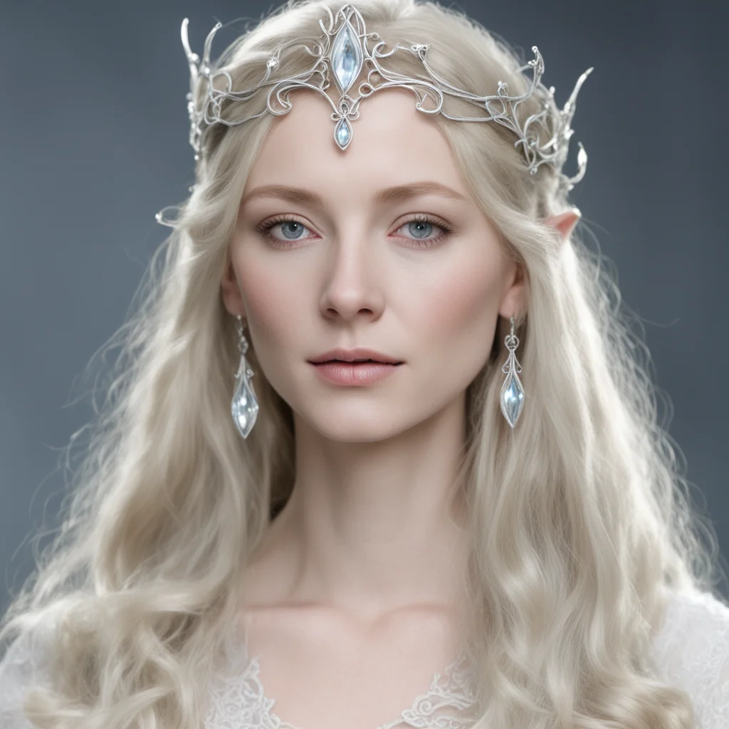 ailady galadriel wearing small silver elvish circlet with white gem