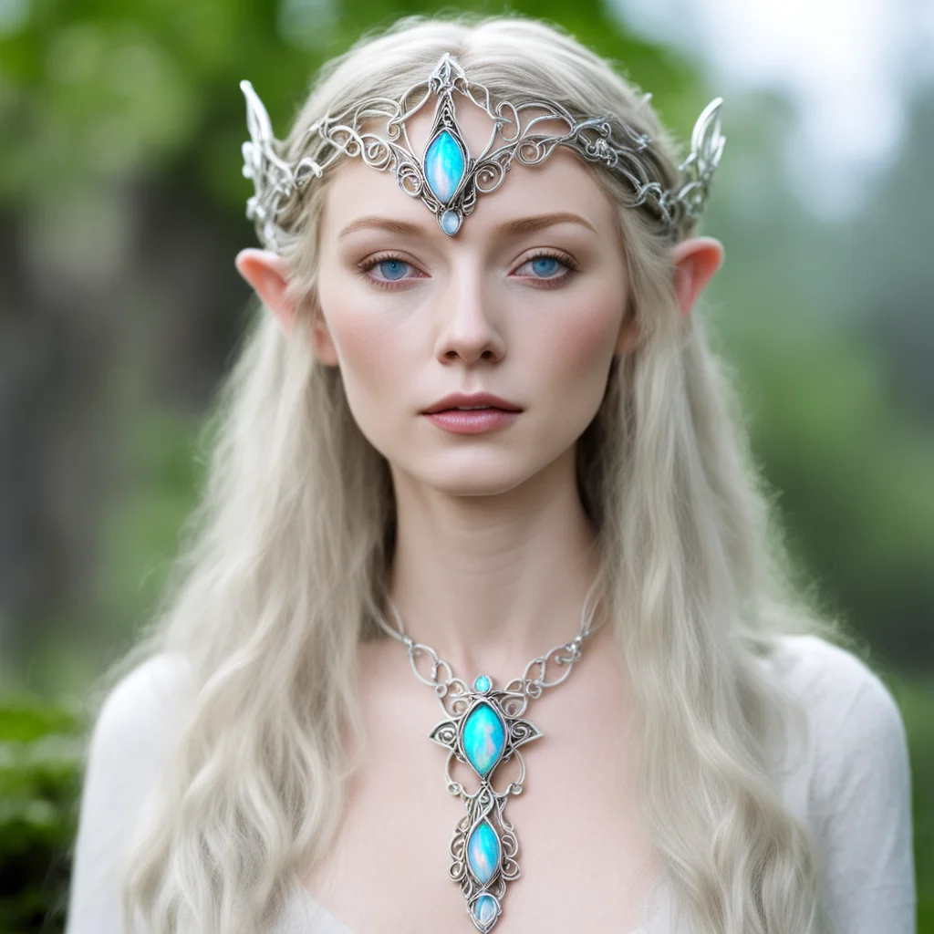 ailady galadriel wearing small silver elvish circlet with white opal confident engaging wow artstation art 3