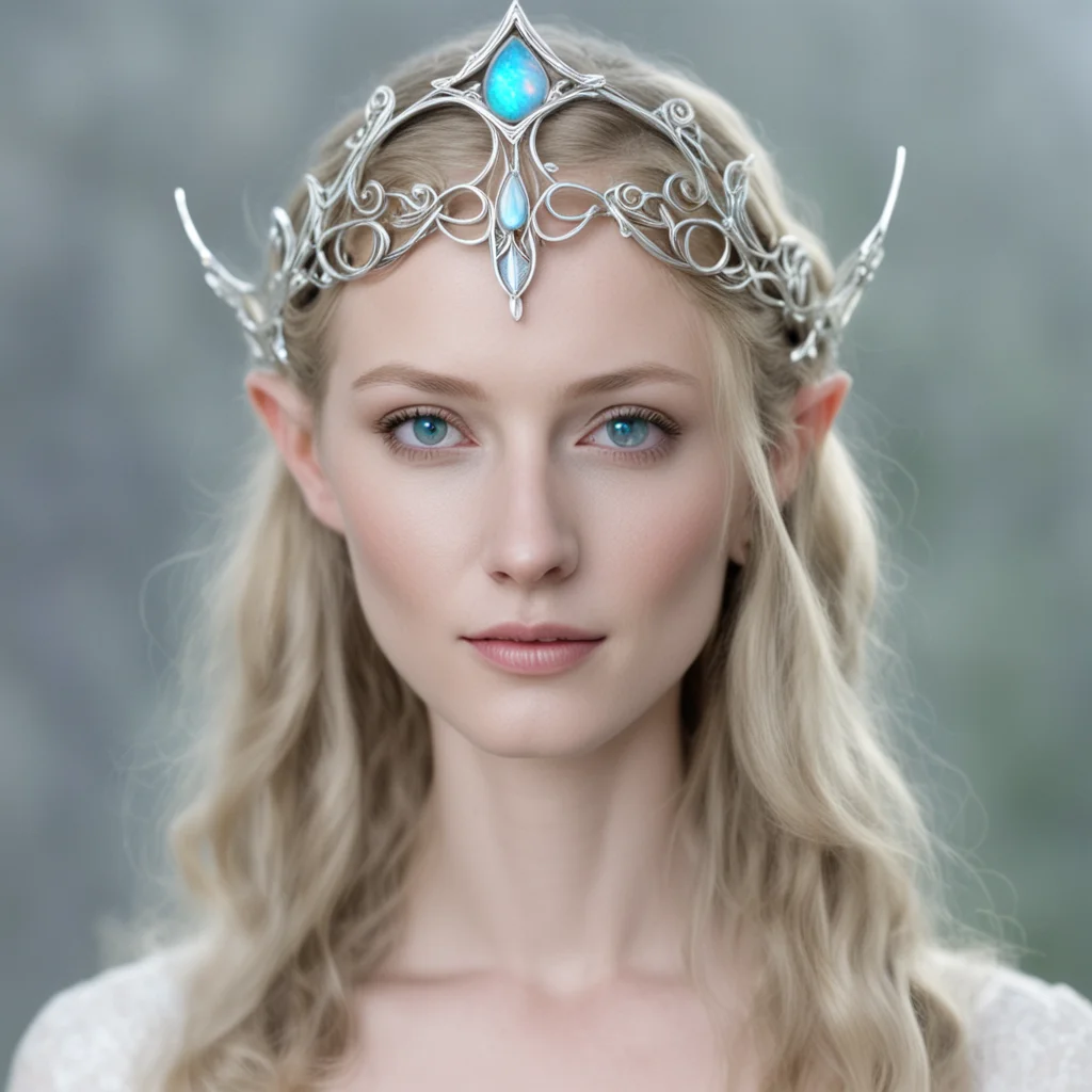 ailady galadriel wearing small silver elvish circlet with white opal good looking trending fantastic 1