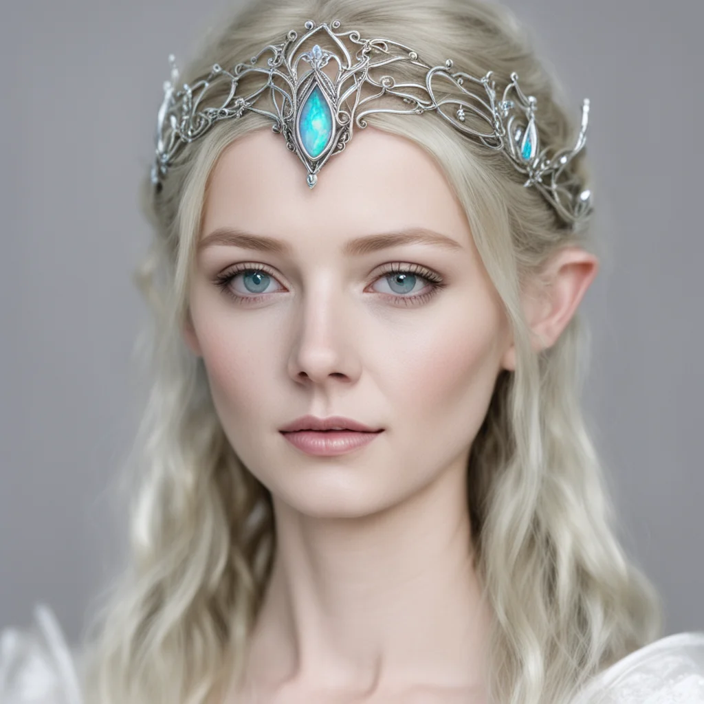 ailady galadriel wearing small silver elvish circlet with white opal