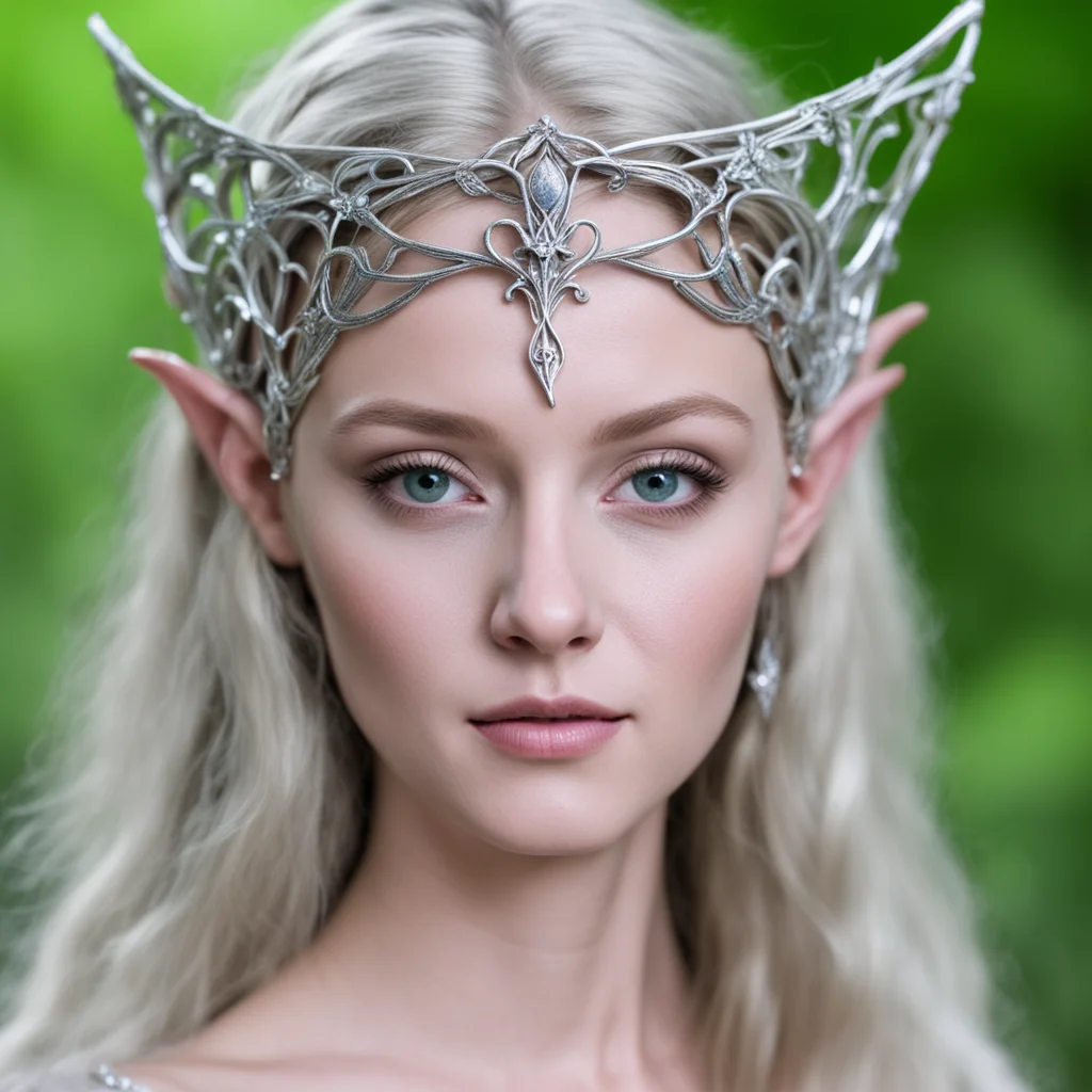 ailady galadriel wearing small silver wood elf circlet confident engaging wow artstation art 3