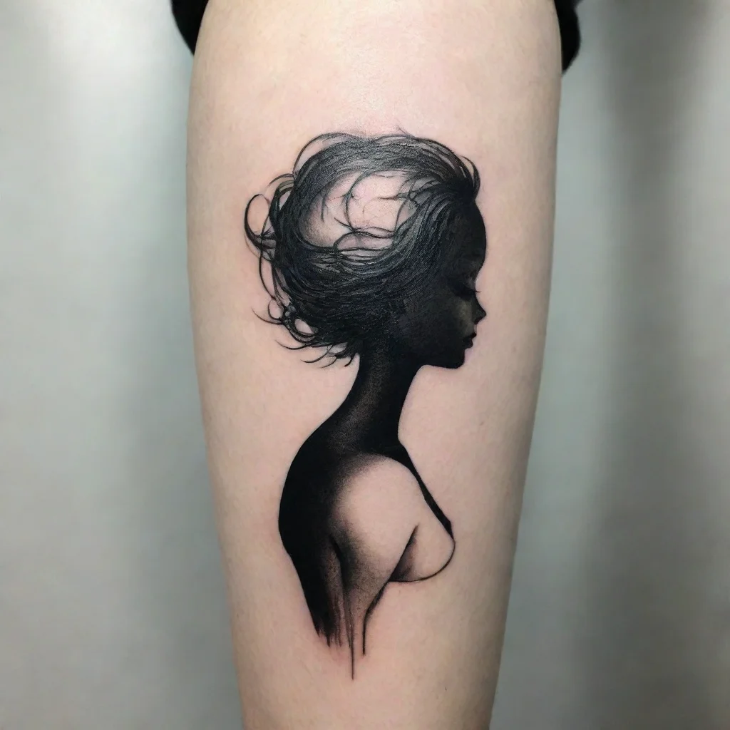 ailady silhouette fine lines black and white tattoo