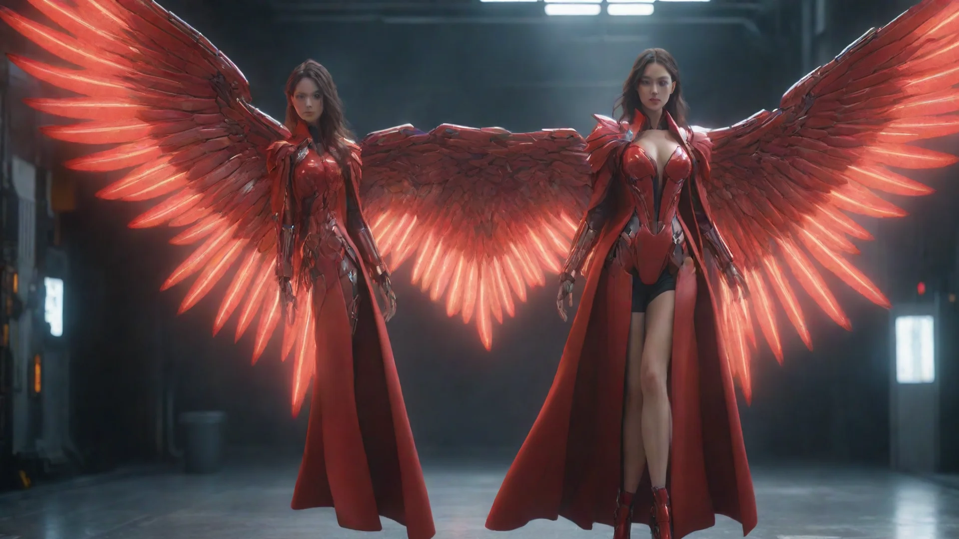 ailady wearing scarlet long coat %2C big cybernetic mecha glowing wings.%2C beautiful%2C female%2C ultrarealistic%2C soft lighting%2C 8k wide