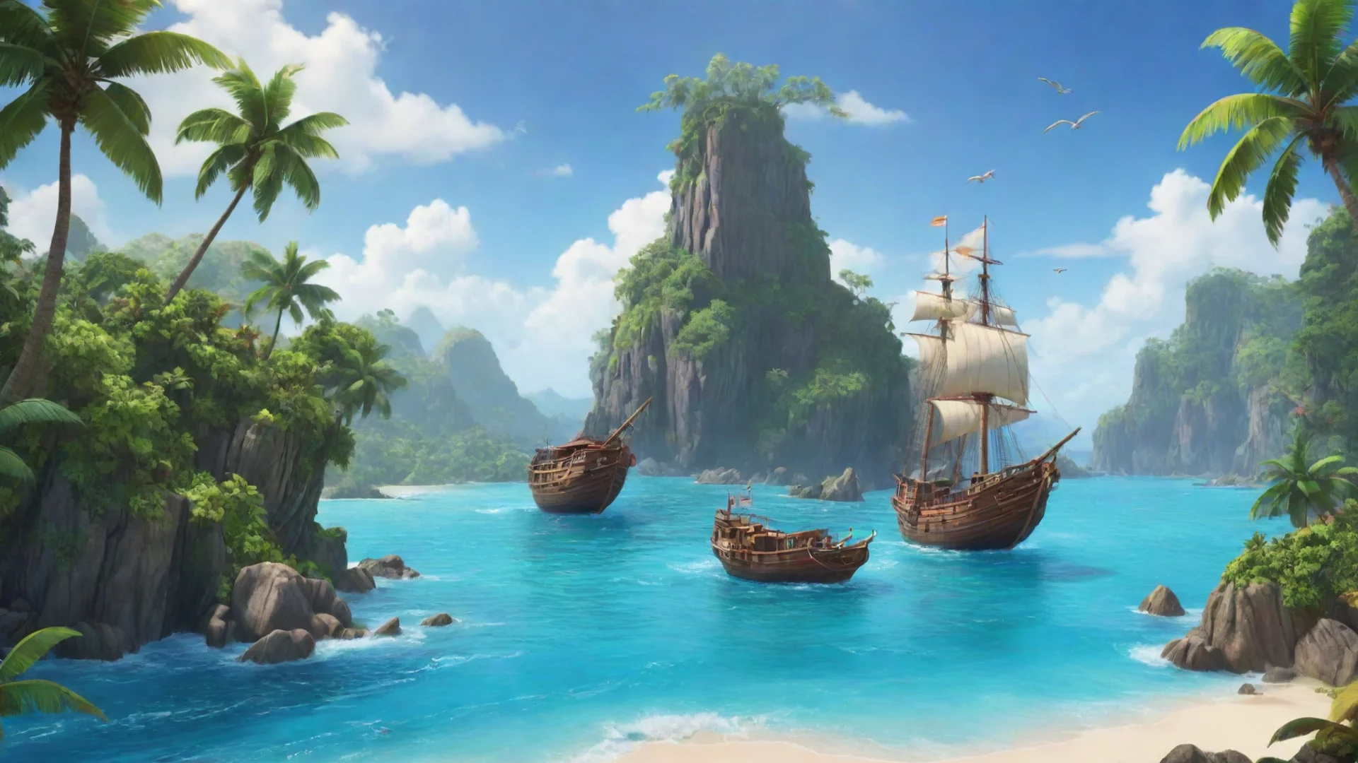 ailanding page  4k%3A an adventurous landing page for a game%2C tropical island and ship background image wide