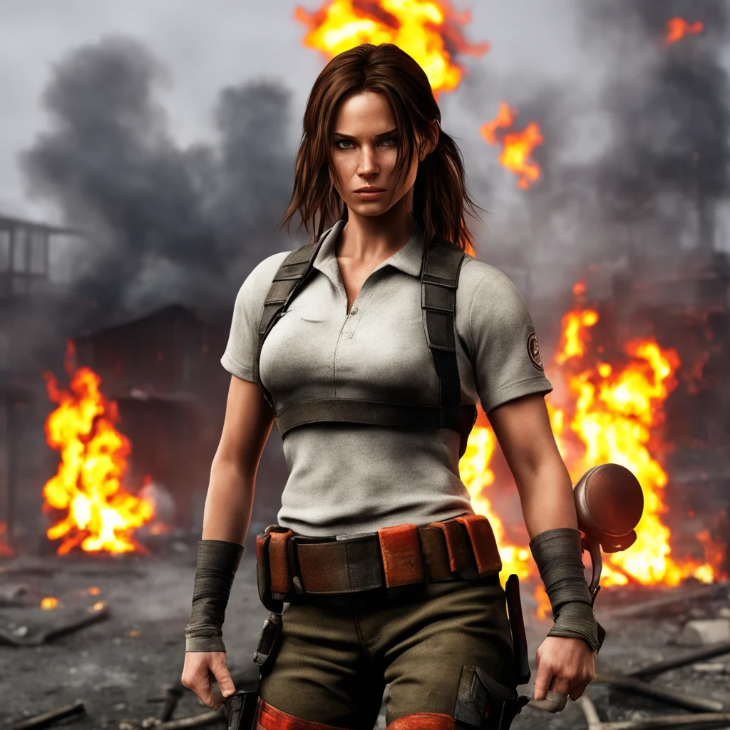 ailara croft as a fire fighter%2C burning house on the background