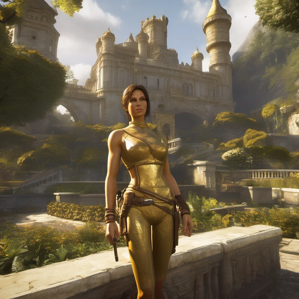 ailara croft as golden statue%2C majestic castle garden%2C looking at viewer confident engaging wow artstation art 3