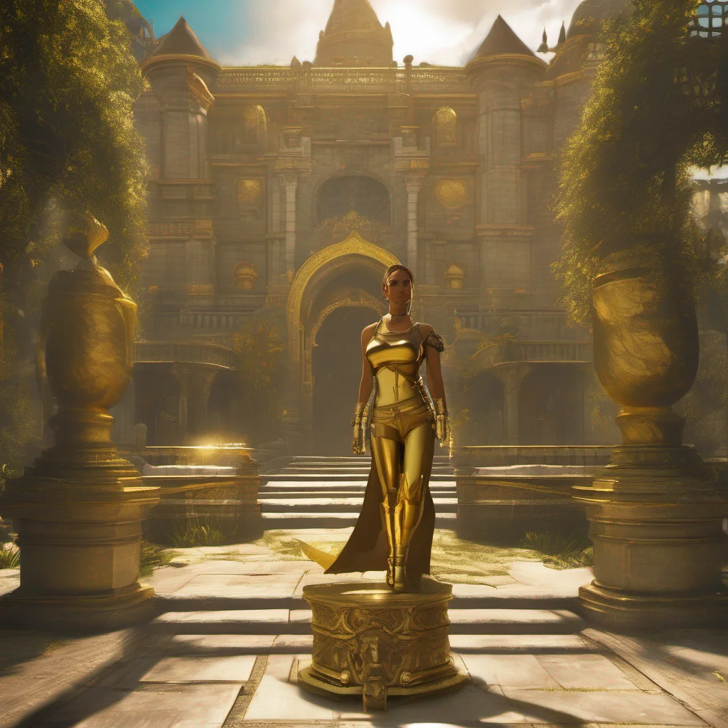 ailara croft as golden statue%2C majestic castle garden%2C looking at viewer