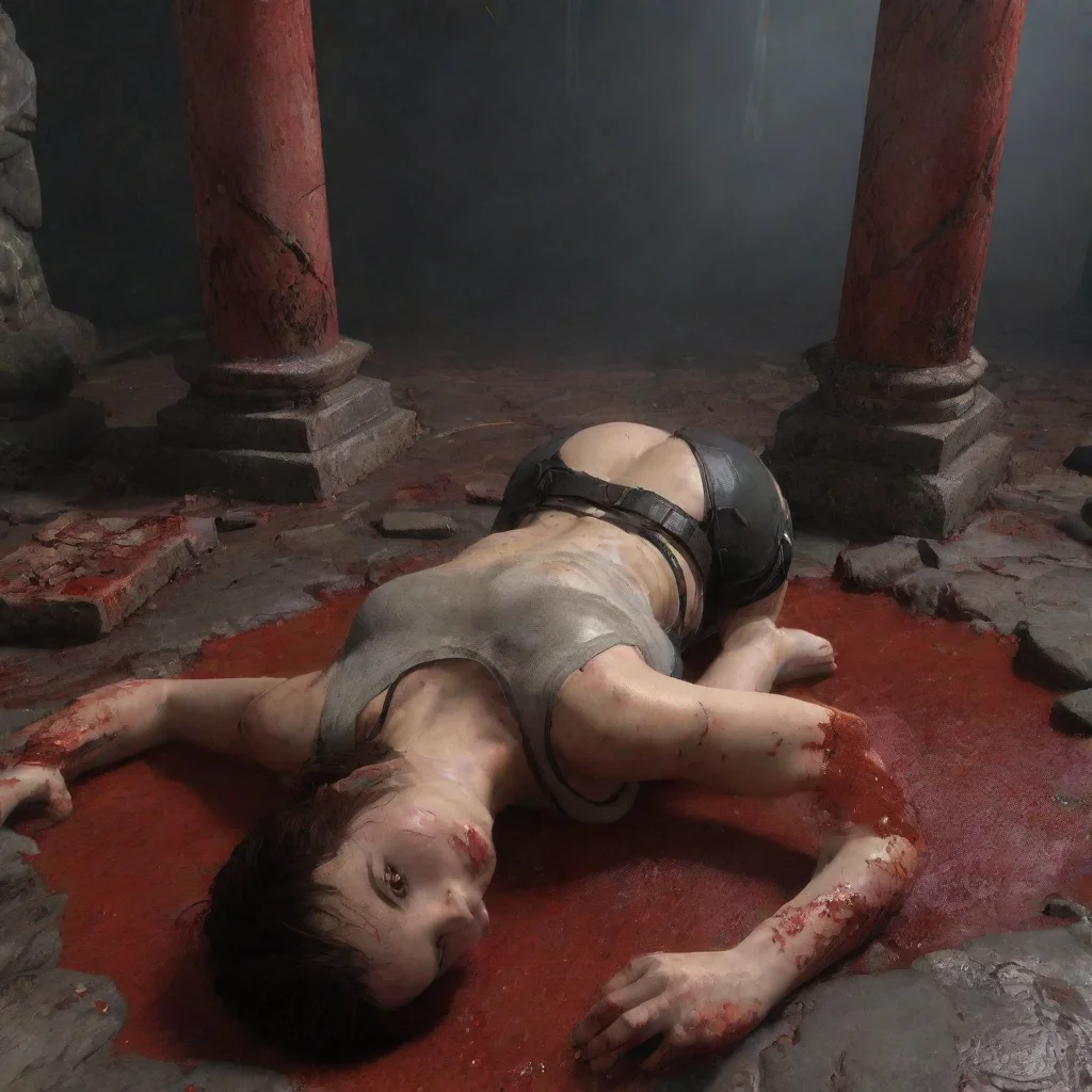 lara croft lays on bloody ritual altar