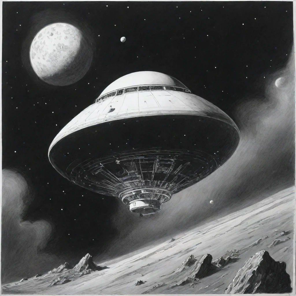 ailarry elmore a spheric spaceship is flying in space%2C ink drawing