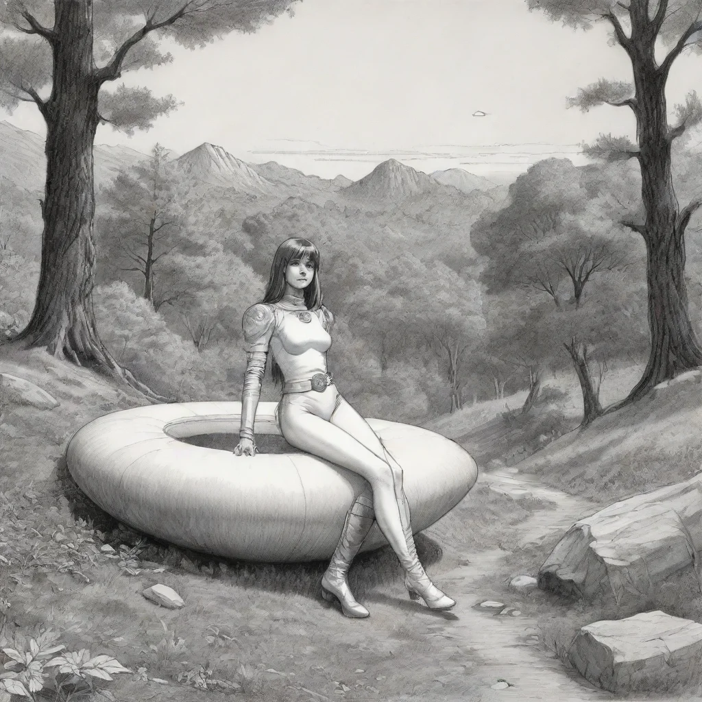 ailarry elmore spacegirl is sitting in nature%2C a spacehip in background%2C ink drawing