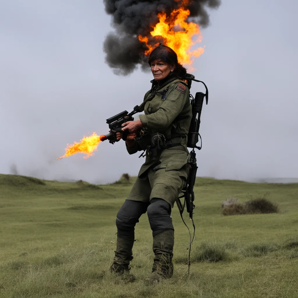 ailata croft with a flame thrower