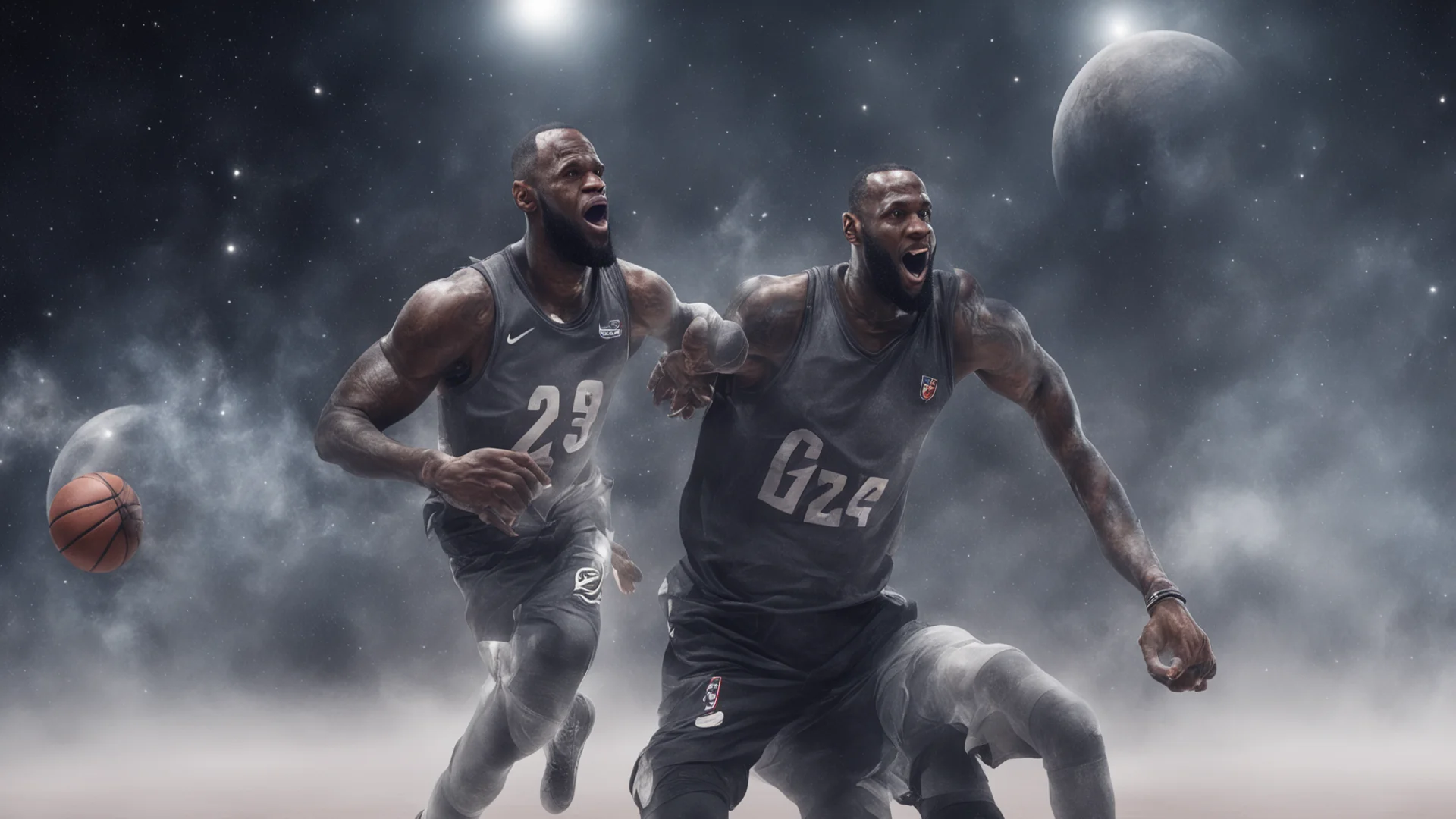 ailebron james into the space playing basketball with aliens  amazing awesome portrait 2 wide