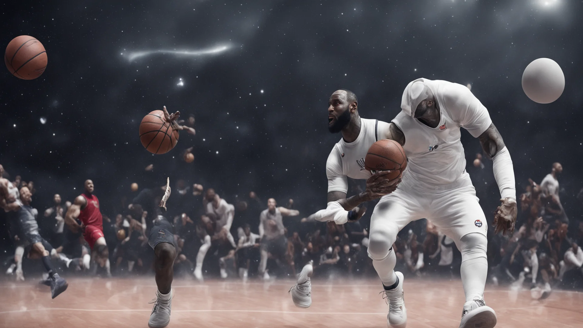 ailebron james into the space playing basketball with aliens  confident engaging wow artstation art 3 wide