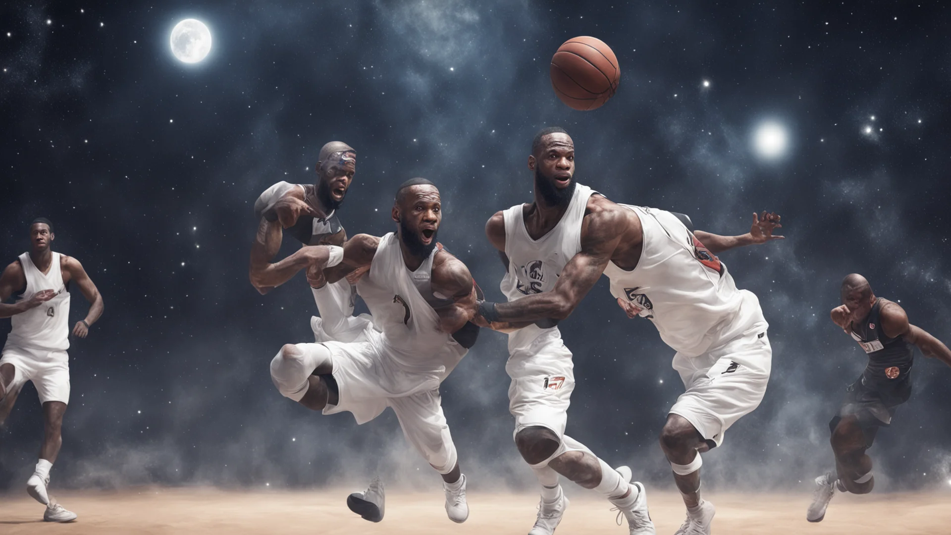 lebron james into the space playing basketball with aliens  wide