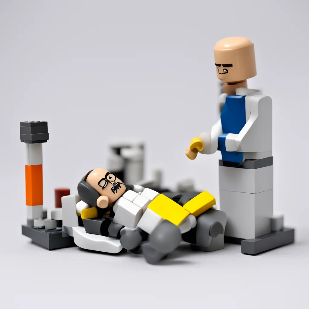 lego set called %22dynamic neuromuscular stabilisation%22 bald doctor  with short dark grey beard and patient in prone position