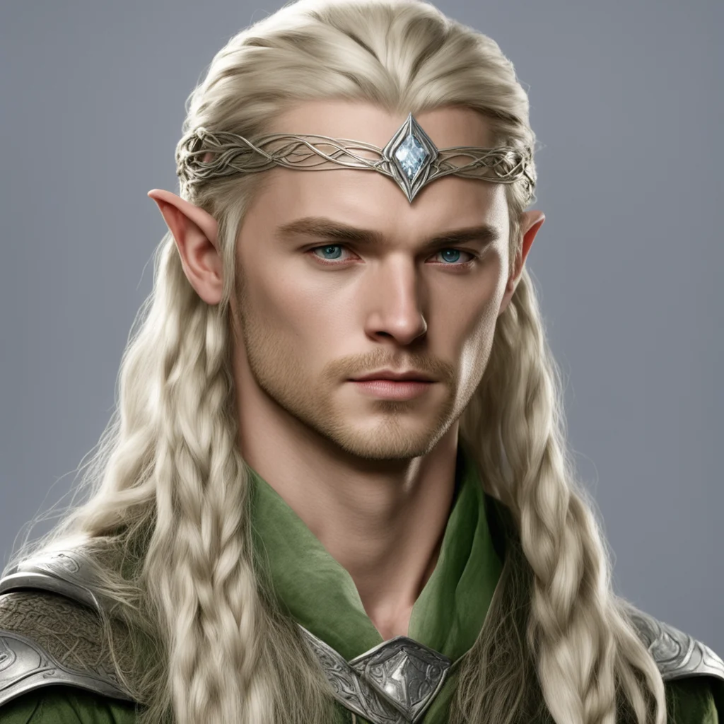 ailegolas with blond hair and braids wearing silver serpentine elvish circlet with large center diamond