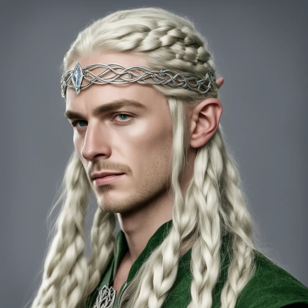ailegolas with braids wearing silver serpentine intertwined elvish circlet with diamonds good looking trending fantastic 1