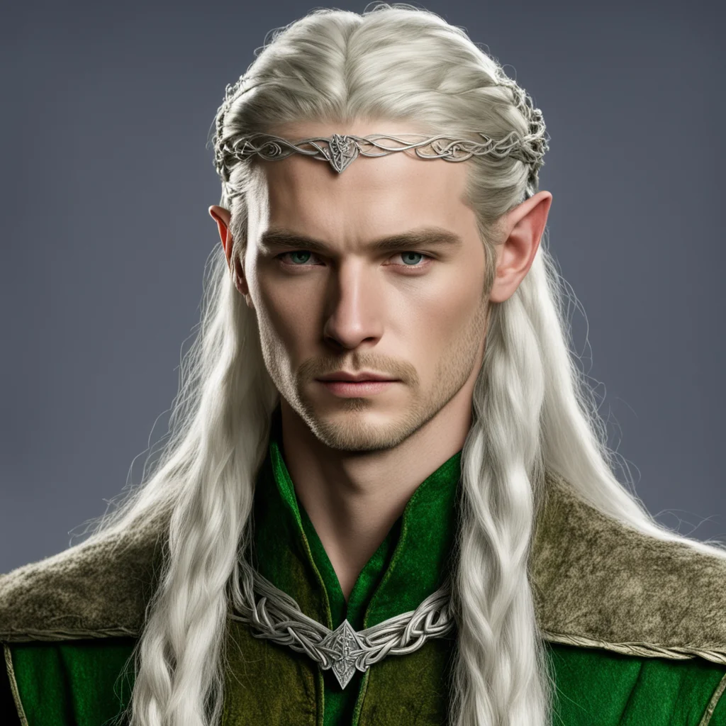 ailegolas with braids wearing silver serpentine intertwined elvish circlet with diamonds