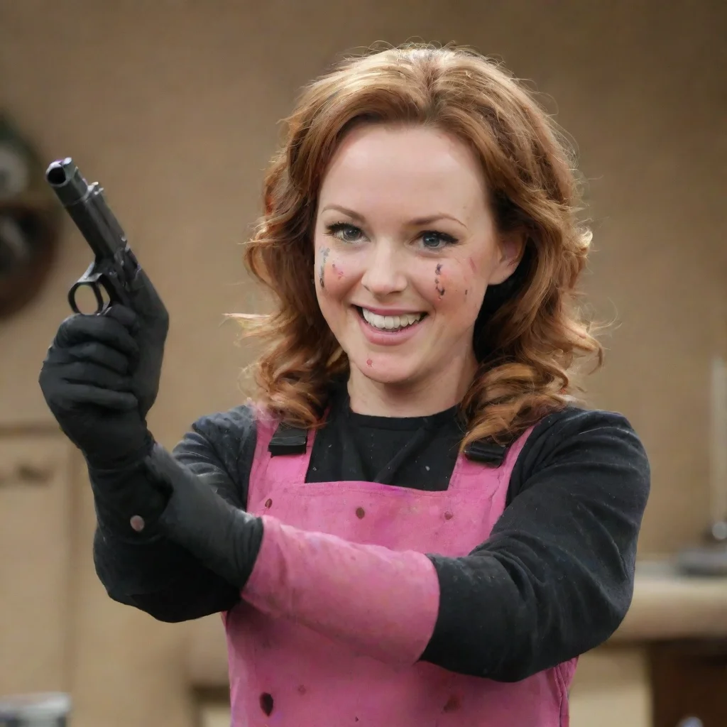 aileigh ann baker as amy duncan from good luck charlie  smiling with black nitrile gloves and gun and mayonnaise splattered everywhere