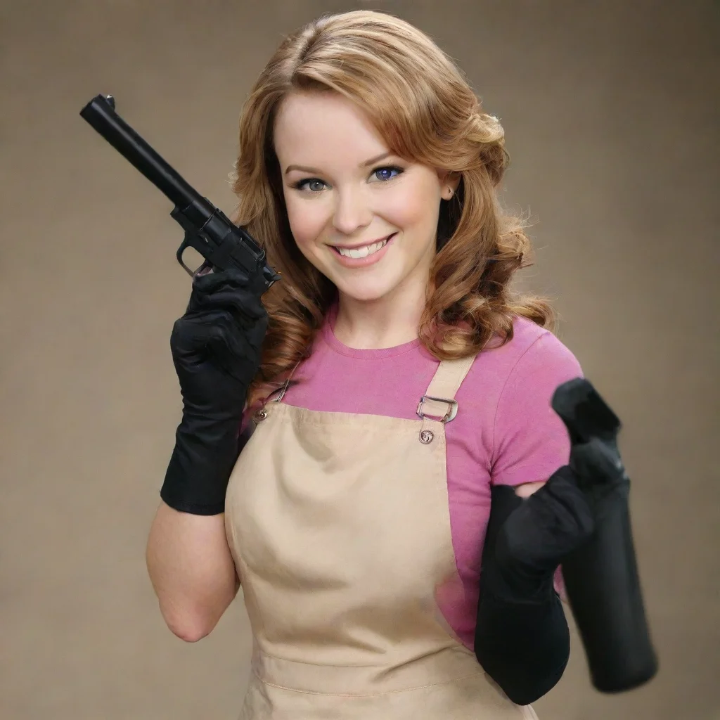 aileigh ann baker as amy duncan from good luck charlie smiling with nitrile black gloves  and  gun  hd