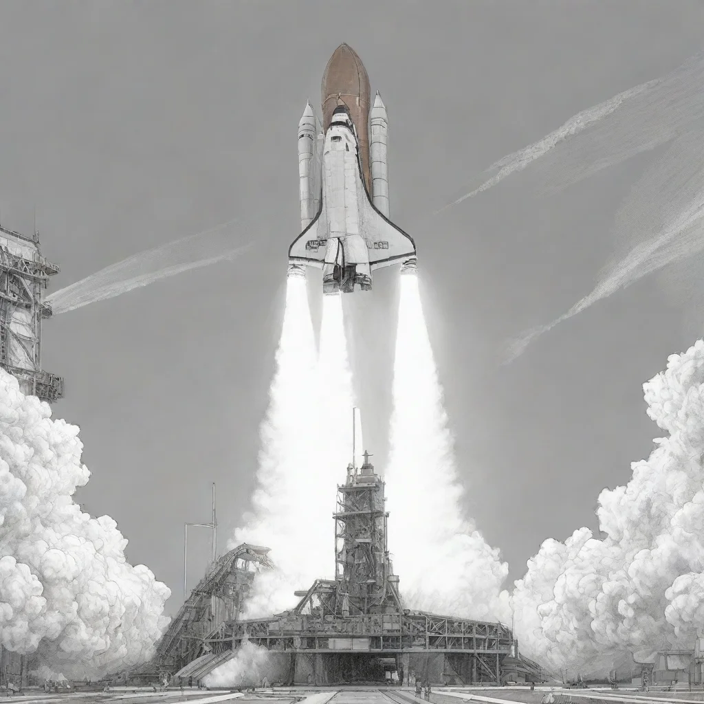 ailine art sketch drawing of detailed space shutttle launching off the launchpad