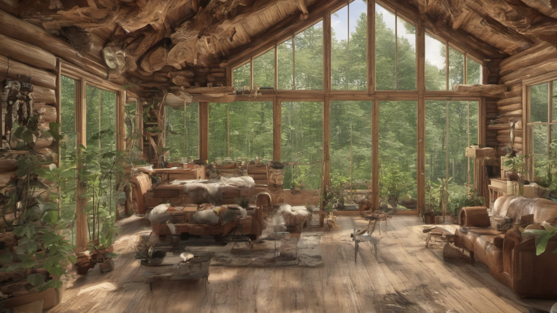 log cabin interior with many plants and large windows looking into a forest amazing awesome portrait 2 wide
