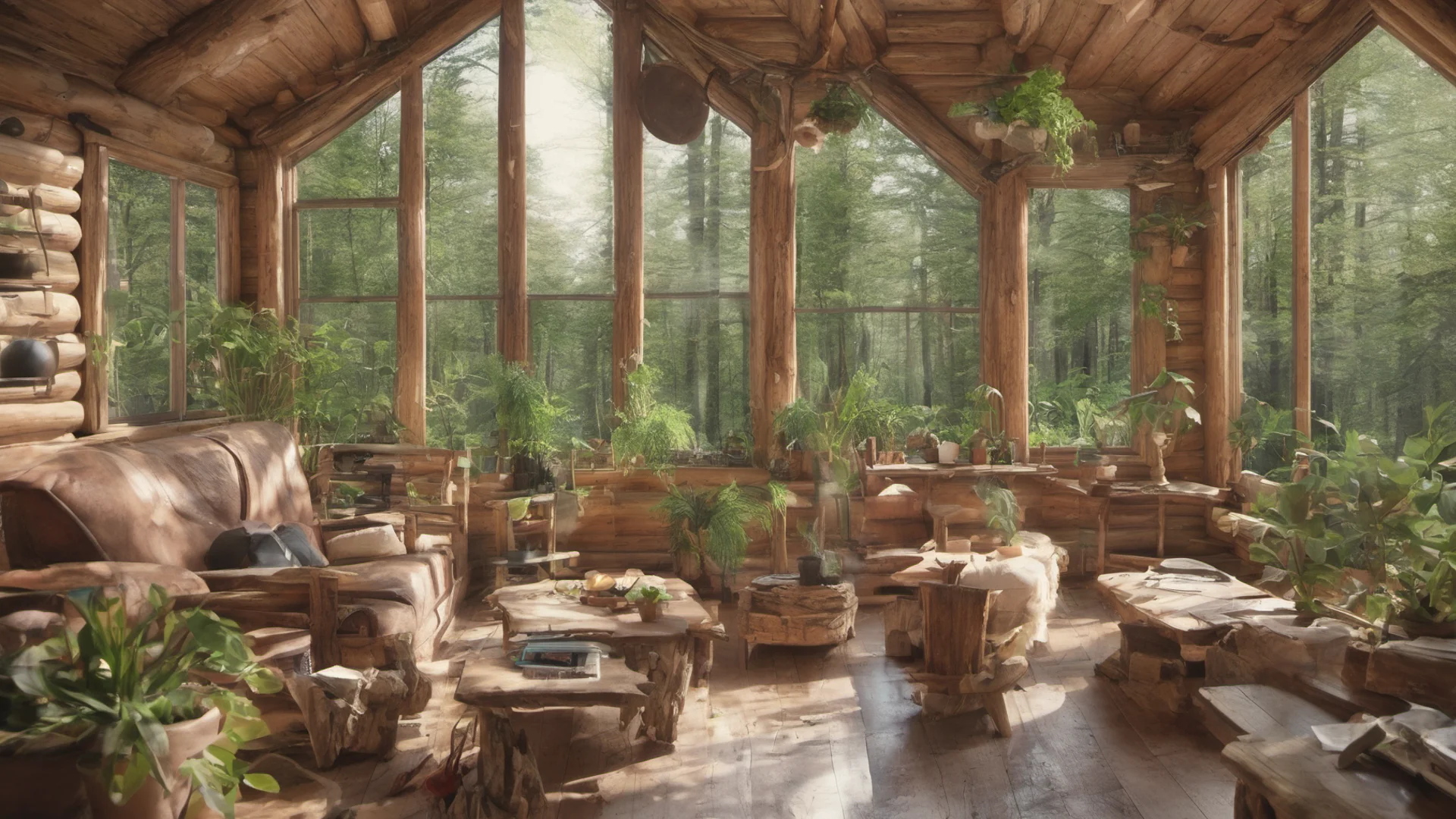 log cabin interior with many plants and large windows looking into a forest good looking trending fantastic 1 wide