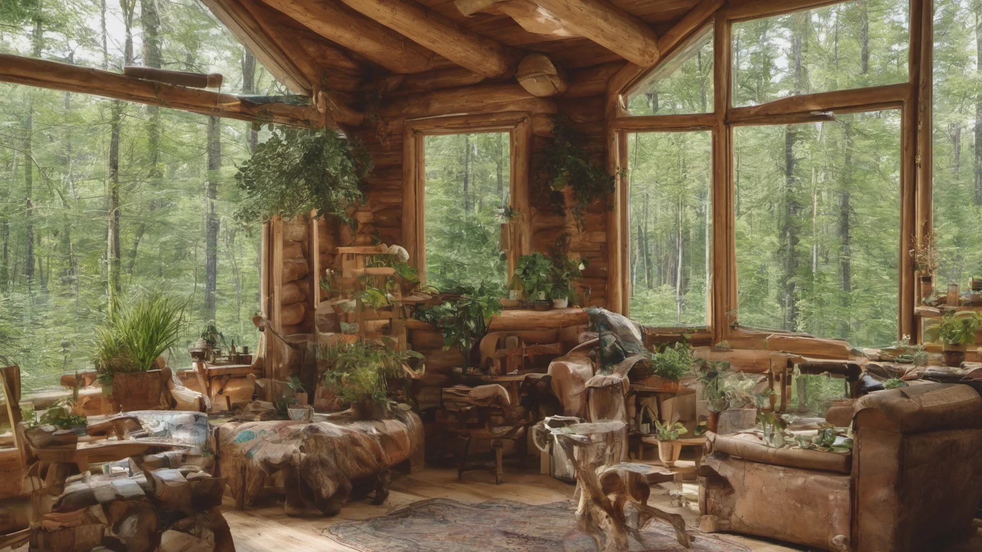 log cabin interior with many plants and large windows looking into a forest wide