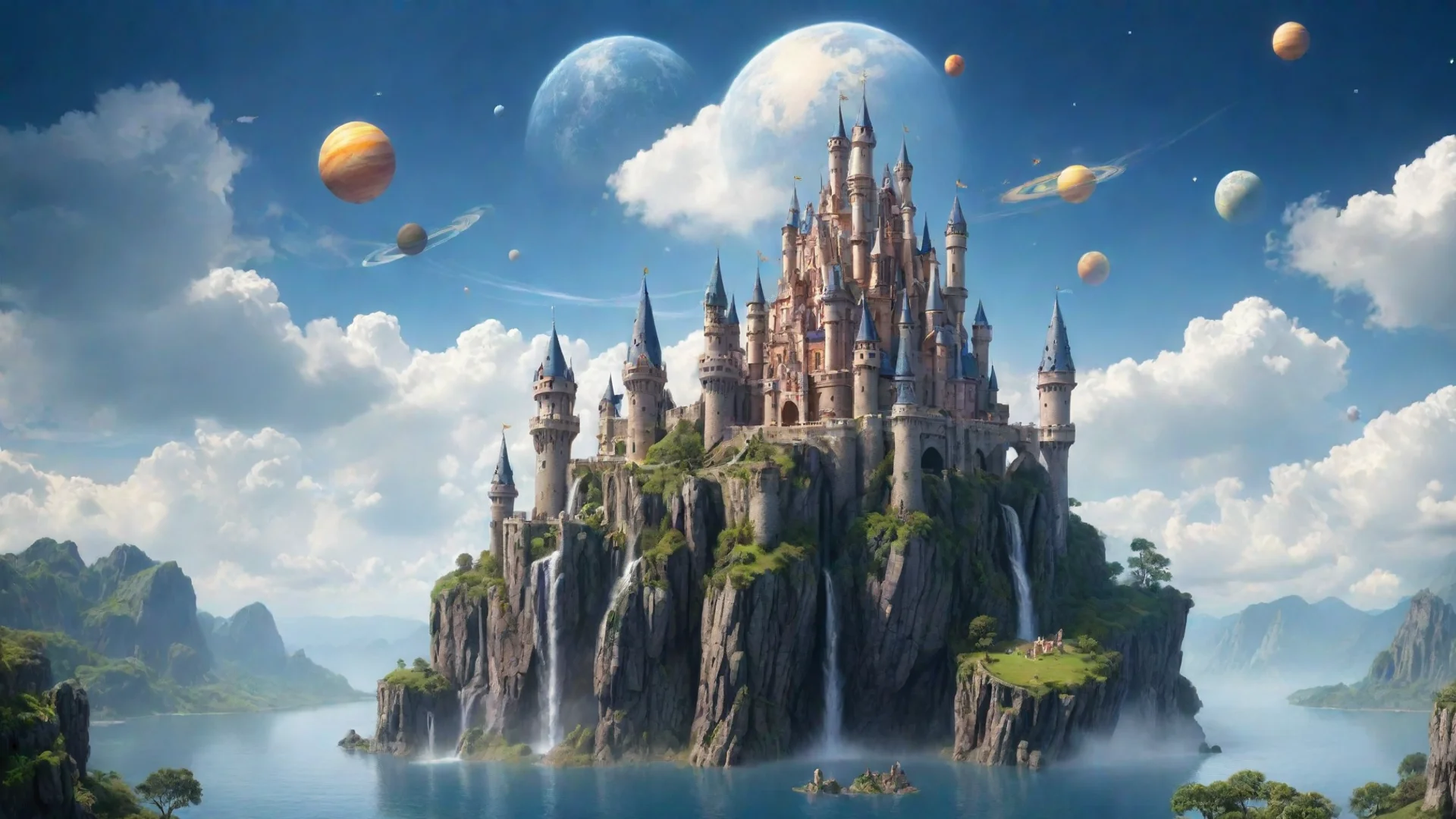 ailogo saying stable diffusion   peaceful castle in sky epic floating castle on floating cliffs with waterfalls down beautiful sky with saturn planets wide