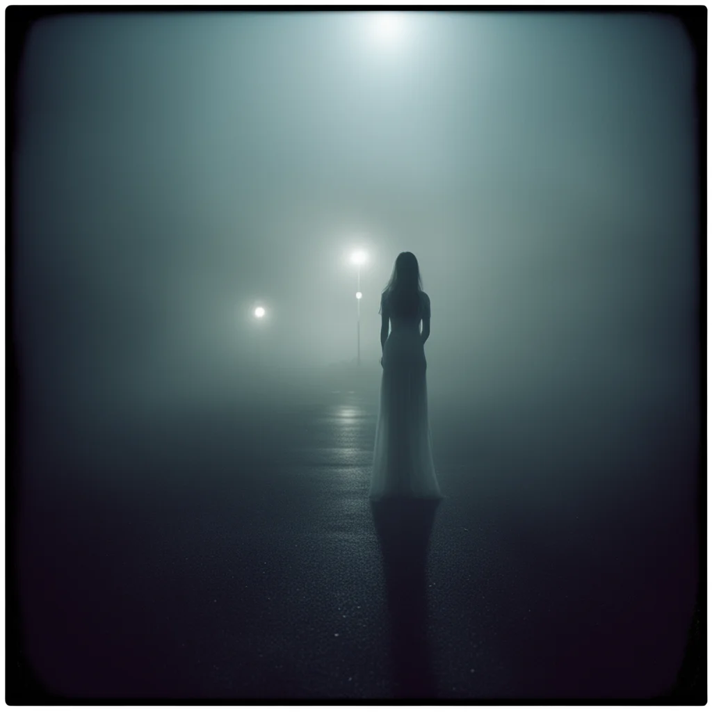 lonely girl in thin white dress at a foggy dark gaz station  middle of the night   scary shadows   polaroid style amazing awesome portrait 2