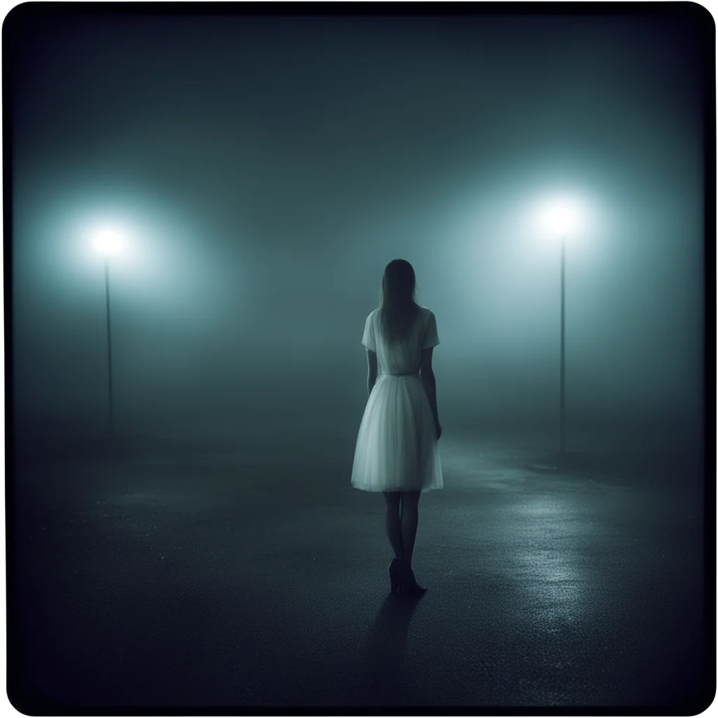 lonely girl in thin white dress at a foggy dark gaz station  middle of the night   scary shadows   polaroid style confident engaging wow artstation art 3
