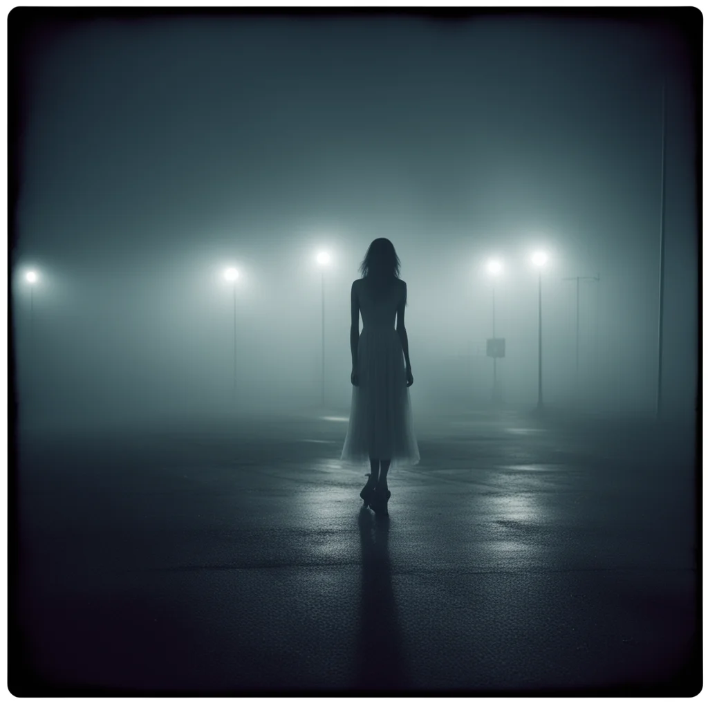 lonely girl in thin white dress at a foggy dark gaz station  middle of the night   scary shadows   polaroid style good looking trending fantastic 1