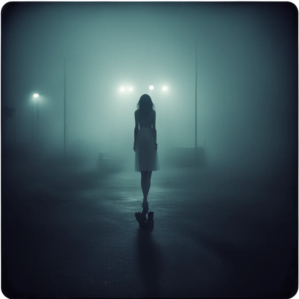 ailonely girl in thin white dress at a foggy dark gaz station  middle of the night   scary shadows   polaroid style