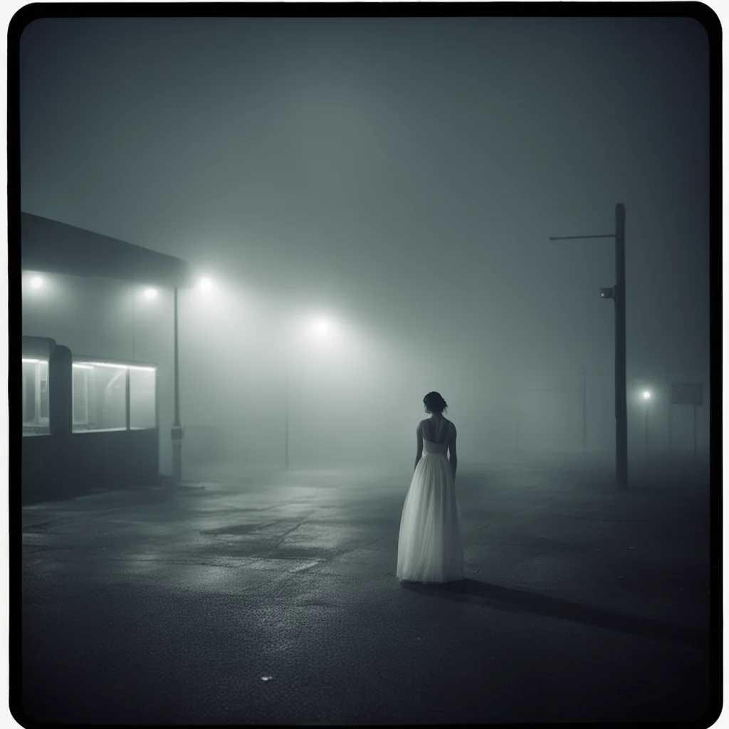 lonely girl in thin white dress at a foggy dark gaz station  old car  old building the night   scary   polaroid style  film noir confident engaging wow artstation art